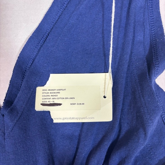 Grey State Apparel Brandy Jumpsuit NEW with tags One Size Indigo Cotton/Linen - Picture 7 of 10